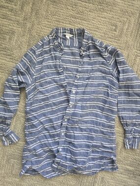 Garnet Hill Blue & White Striped Linen Button-Down Shirt